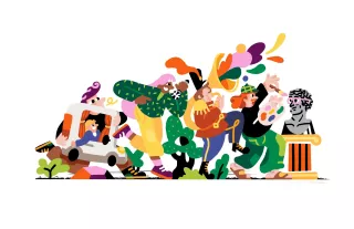 De Onmisbare Schakel - Drenthe - Illustratie Thijn - Verschillende poppetjes lopen in een feestelijk rijtje. Ze voeren verschillende kunstdisciplines uit.